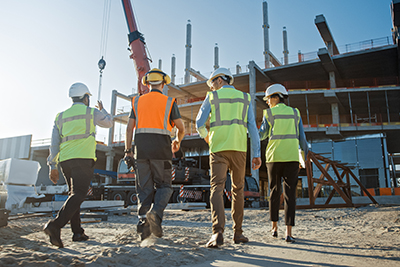 two workers with hard hats near construction equipment