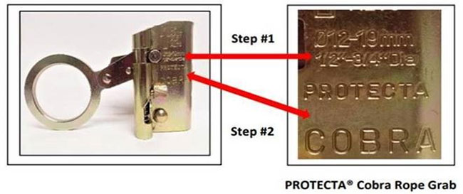 example of PROTECTA Cobra stamped on the rope grab