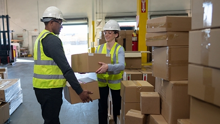 two employees carrying boxes